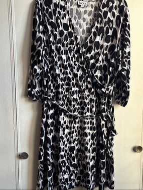 Leota Black and White Leopard Print Faux Wrap Dress